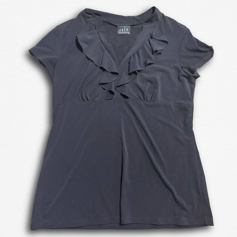 JKLA California Black Ruffle V-Neck Empire Waist Top Y2K Short Sleeve Blouse
